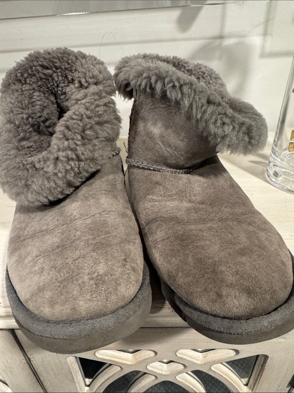 UGG Women's Gray Suede Shearling Cuff Slip-On Slippers
